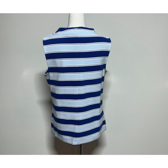 Talbots Top Womens Large Blue White Stripe Textured Button Shoulder Stretch - Picture 3 of 10
